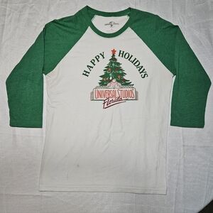 Universal‎ Studios Florida Happy Holidays Raglan Baseball Tee Green White Large